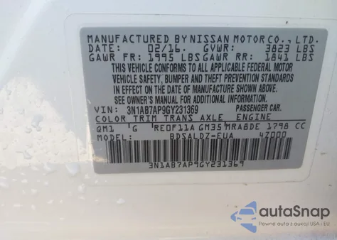 2016 Nissan Sentra from USA, damaged, VIN 3N1AB7AP9GY231369